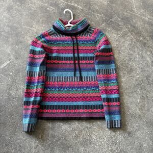 Krimson Klover Erika Southwestern Sweater Womens M Blue Aztec Cowl Neck Striped